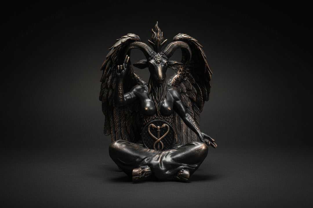 Bronze statue of a winged creature with a heart symbol on a white background