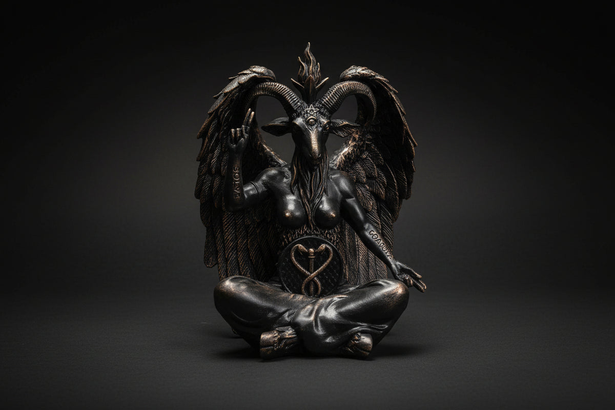 Bronze statue of a winged creature with a heart symbol on a white background