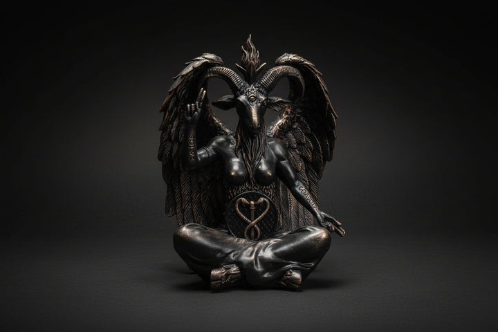 Bronze statue of a winged creature with a heart symbol on a white background