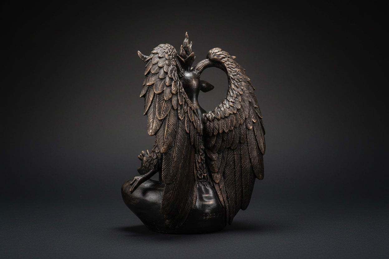 Bronze statue of a creature with wings on a white background