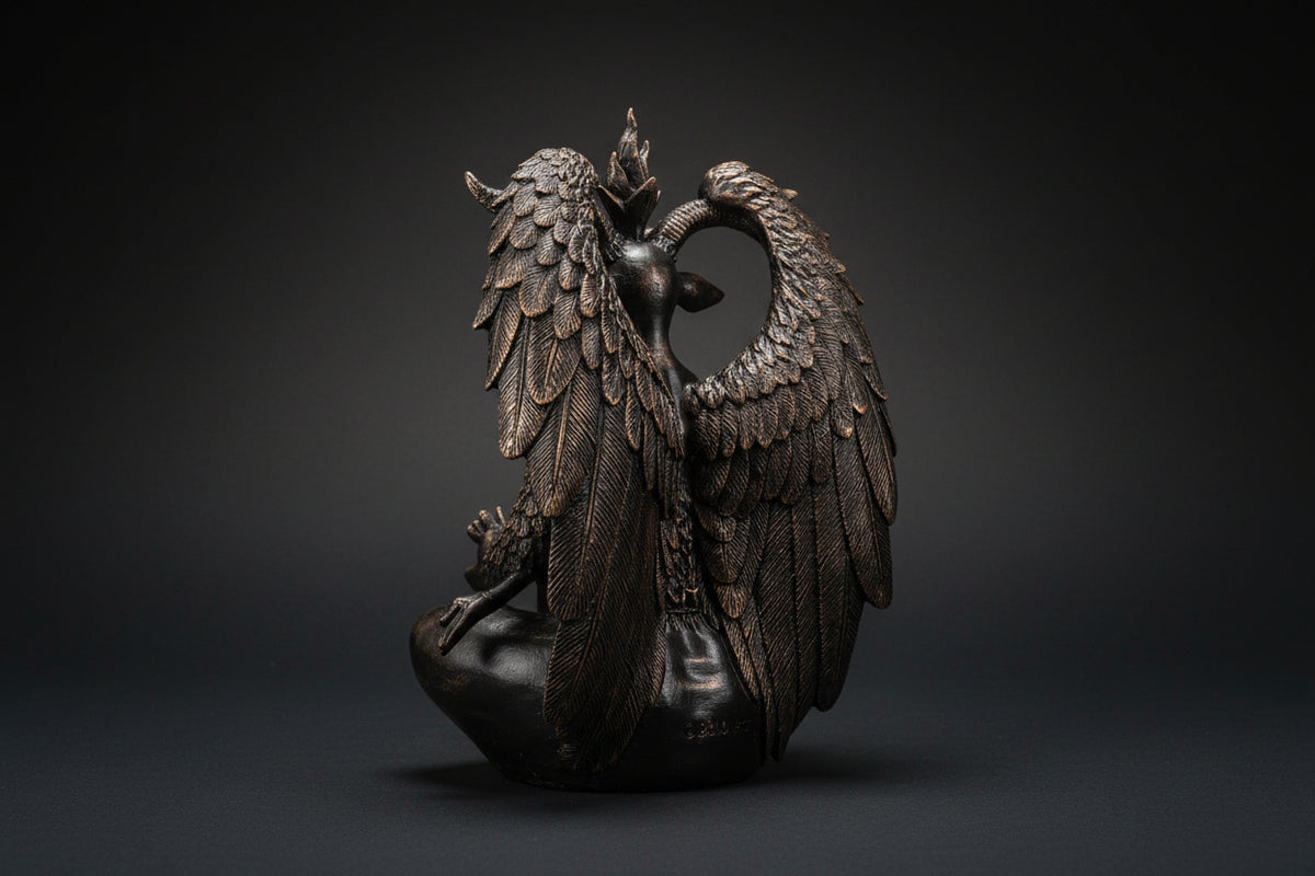 Bronze statue of a creature with wings on a white background