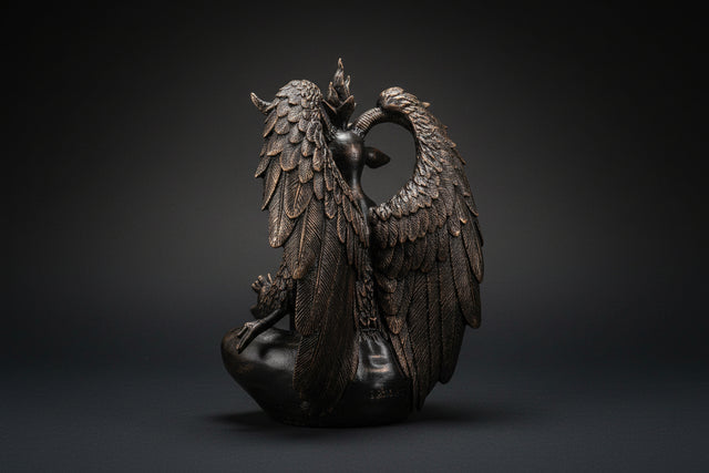 Bronze statue of a creature with wings on a white background