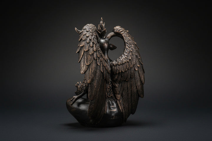 Bronze statue of a creature with wings on a white background