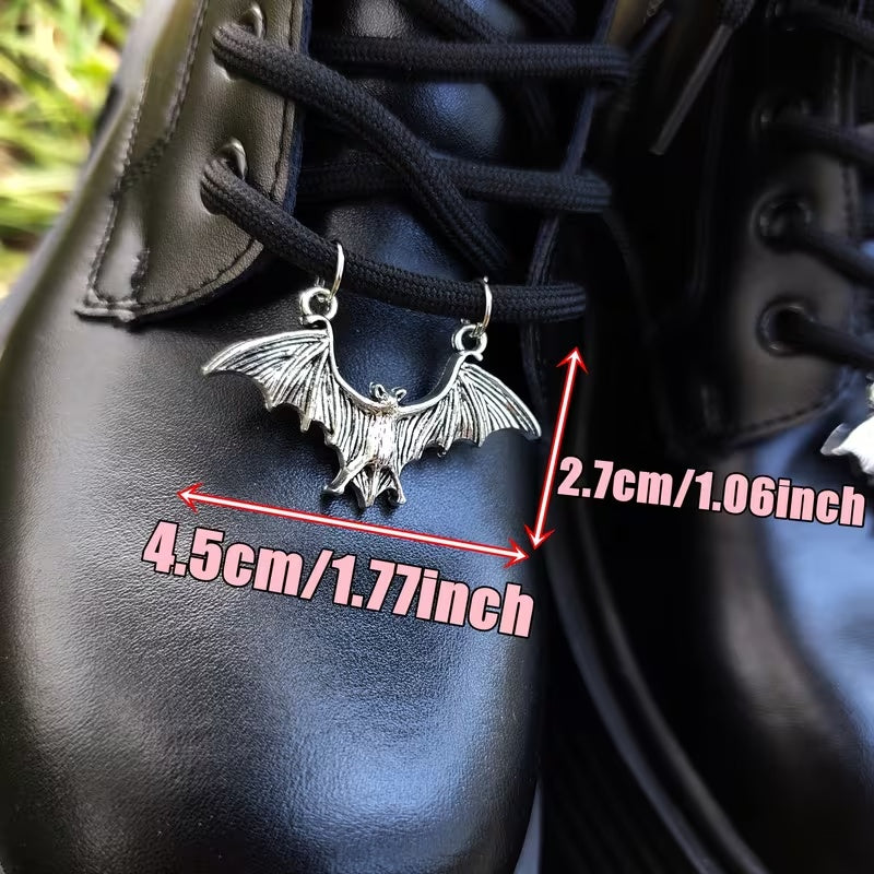 Silver-tone bat boot charm showing approximate 4.5 cm by 2.7 cm dimensions