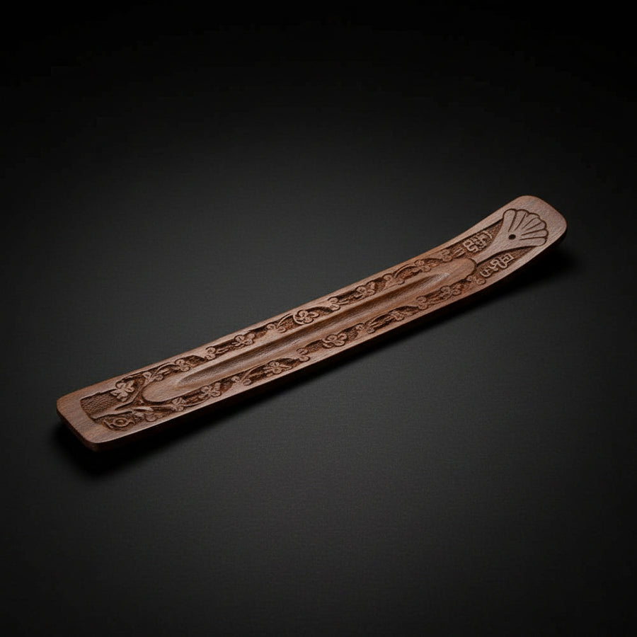 Wood Incense Holder with Carved Flowers