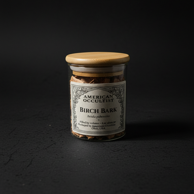 Dried birch bark (Betula pubescens) in a labeled glass ritual herb jar