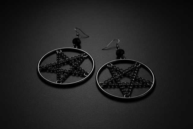 Black pentagram earrings on a white background