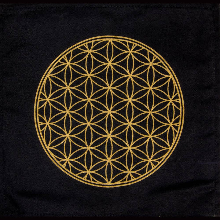 Black Crystal Grid Cloth – Gold Flower of Life (12"x12")