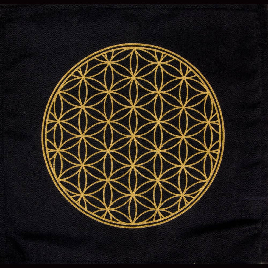 Black Crystal Grid Cloth – Gold Flower of Life (12"x12")