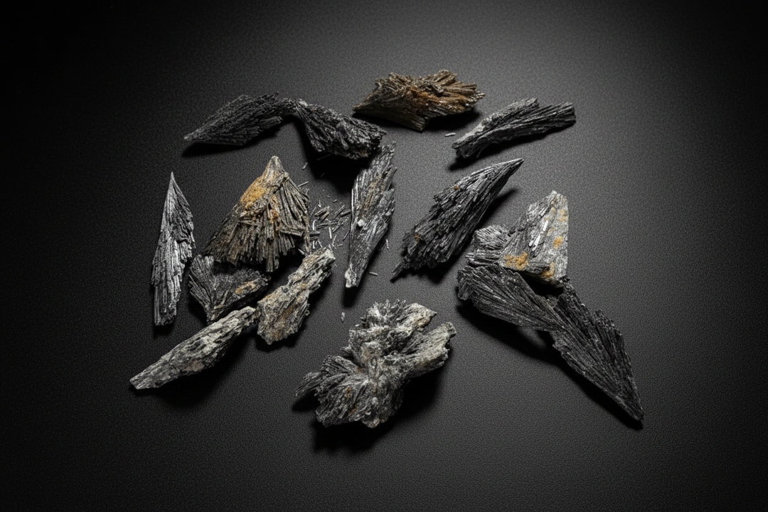 Raw dark bladed specimen sold as black kyanite with a natural wing-like form