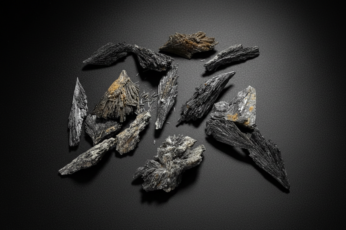 Raw dark bladed specimen sold as black kyanite with a natural wing-like form