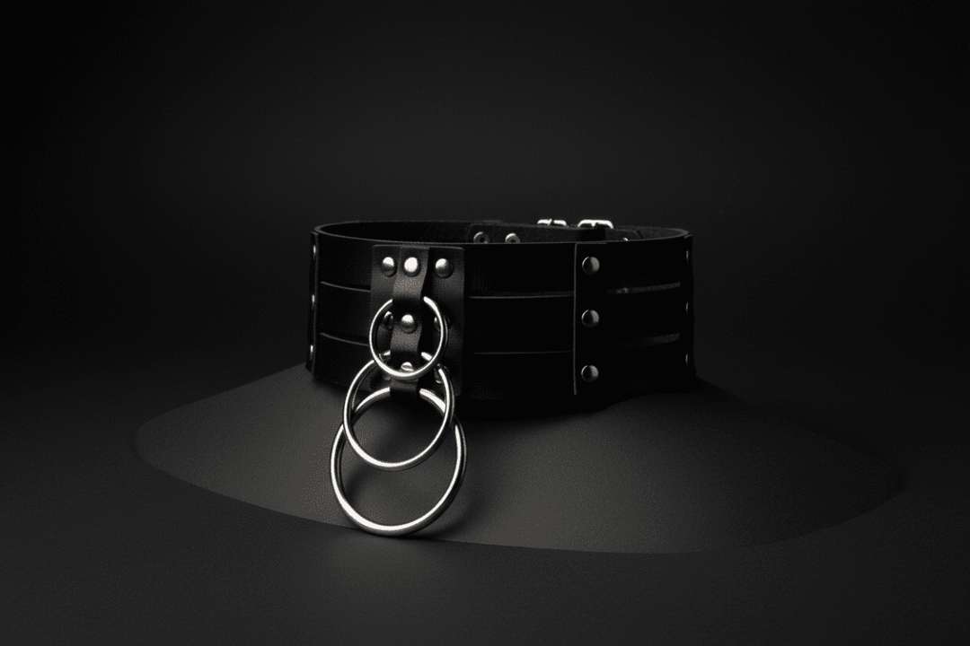 Black leather three-band choker with metal ring details