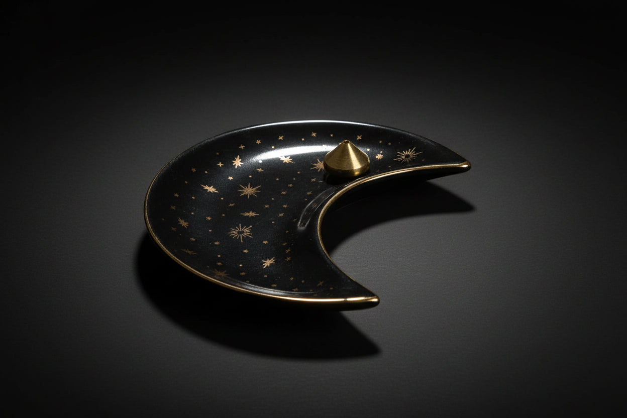 Black ceramic dish shaped like a crescent moon with gold stars and a gold knob on a white background