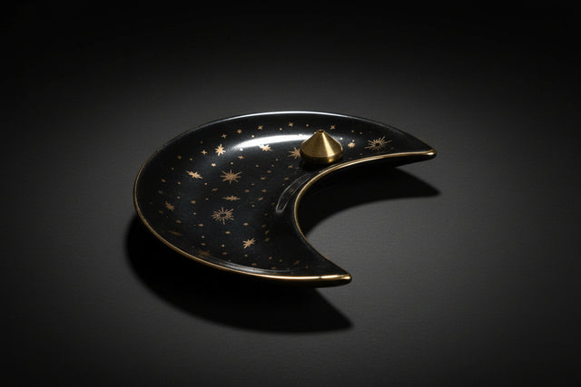 Black ceramic dish shaped like a crescent moon with gold stars and a gold knob on a white background