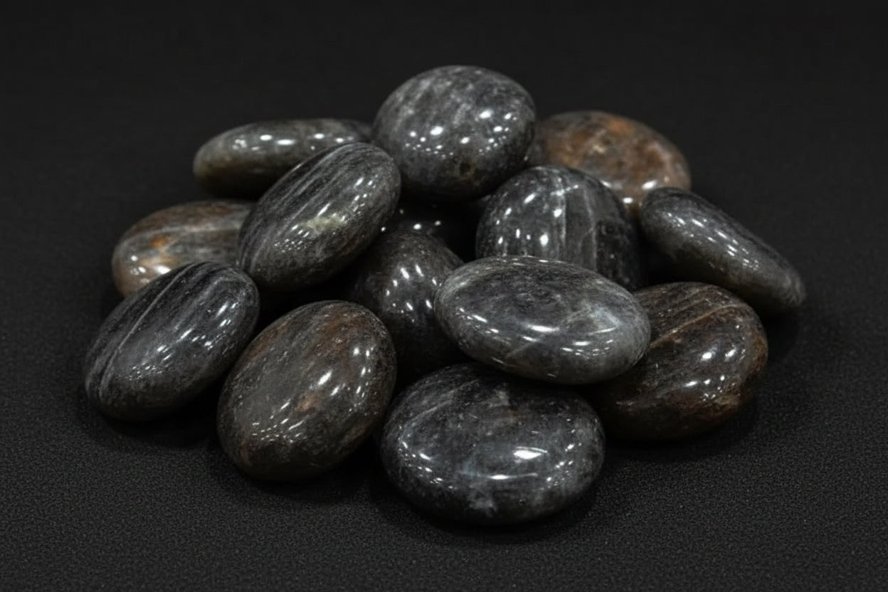 Polished dark feldspar palm stone sold as black moonstone with natural gray and peach patterning