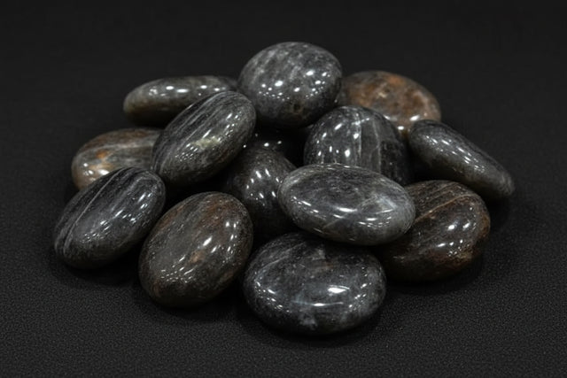 Polished dark feldspar palm stone sold as black moonstone with natural gray and peach patterning