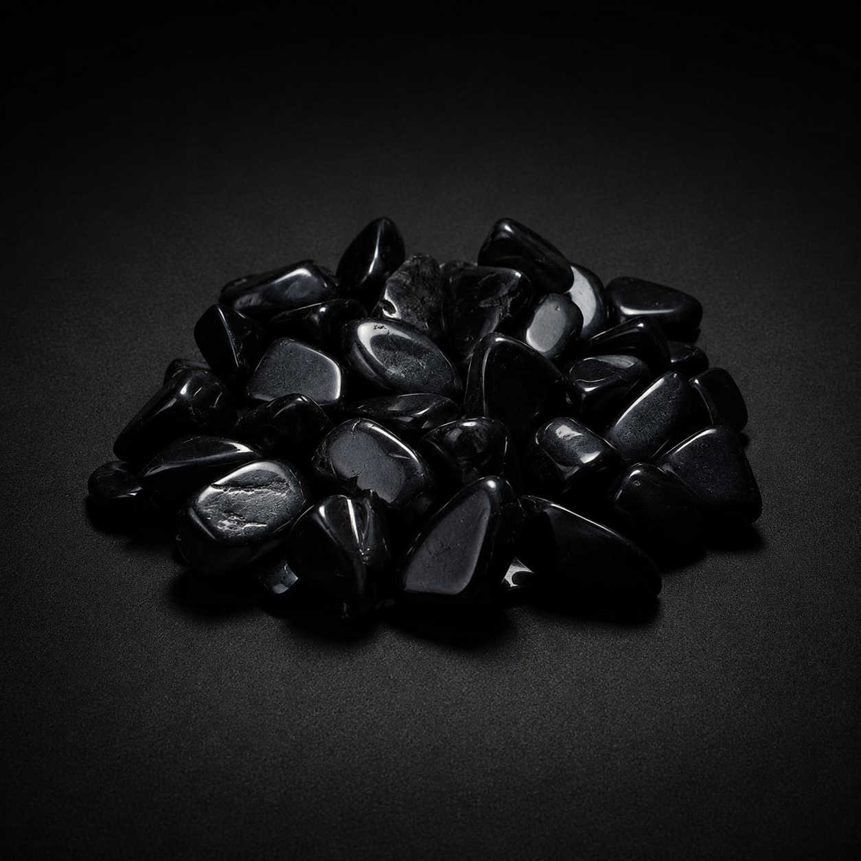 Pile of polished jet-black Obsidian tumbled stones with glossy reflections on a matte black surface