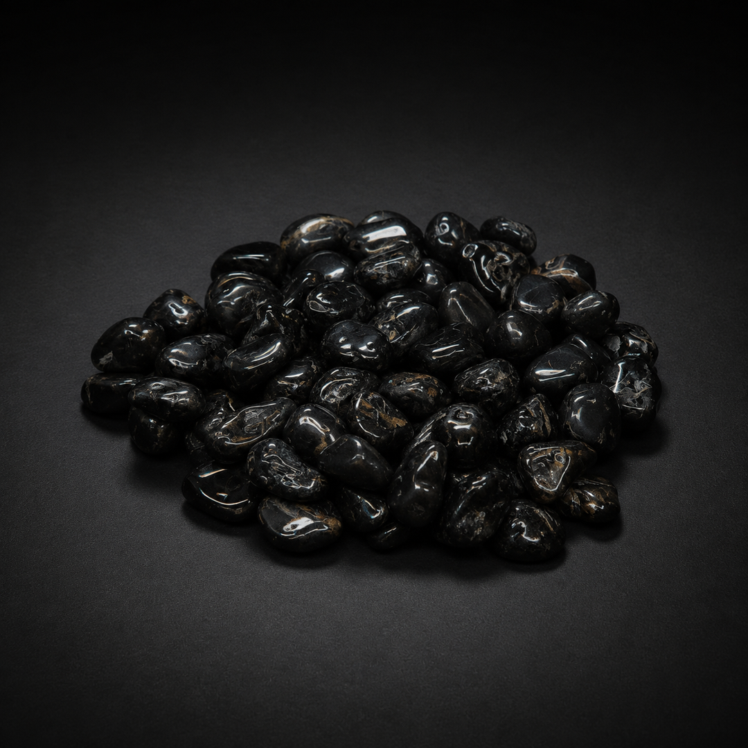 Pile of polished black stones sold as Black Onyx with subtle natural markings on a matte black surface