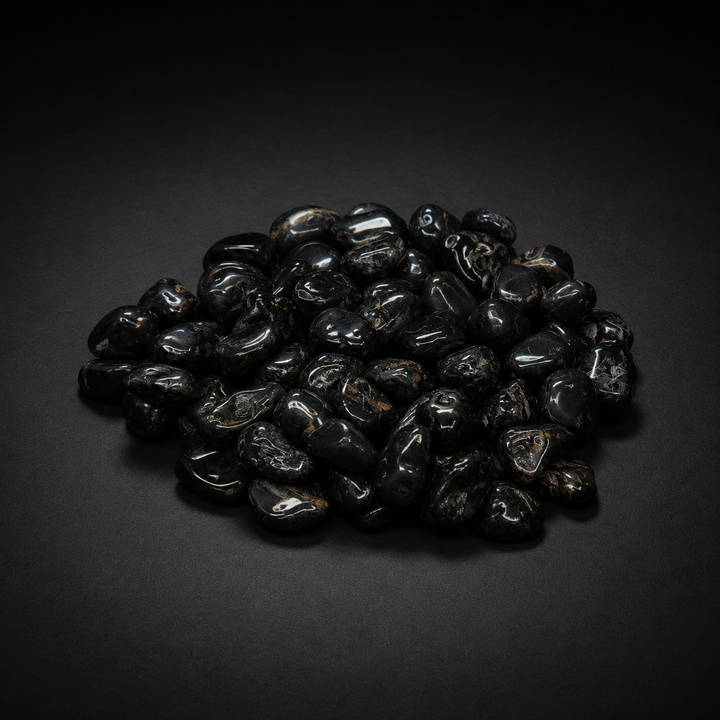 Pile of polished black stones sold as Black Onyx with subtle natural markings on a matte black surface