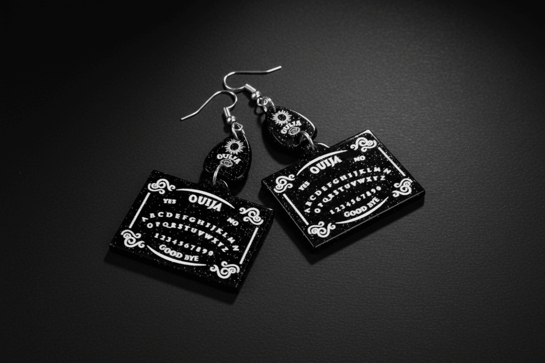 Black Ouija board earrings with spirit-board inspired design