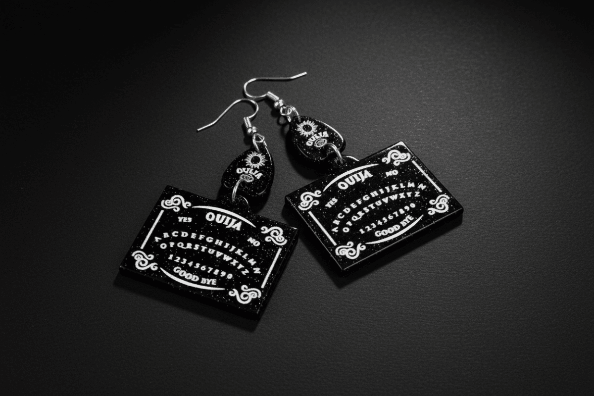 Black Ouija board earrings with spirit-board inspired design