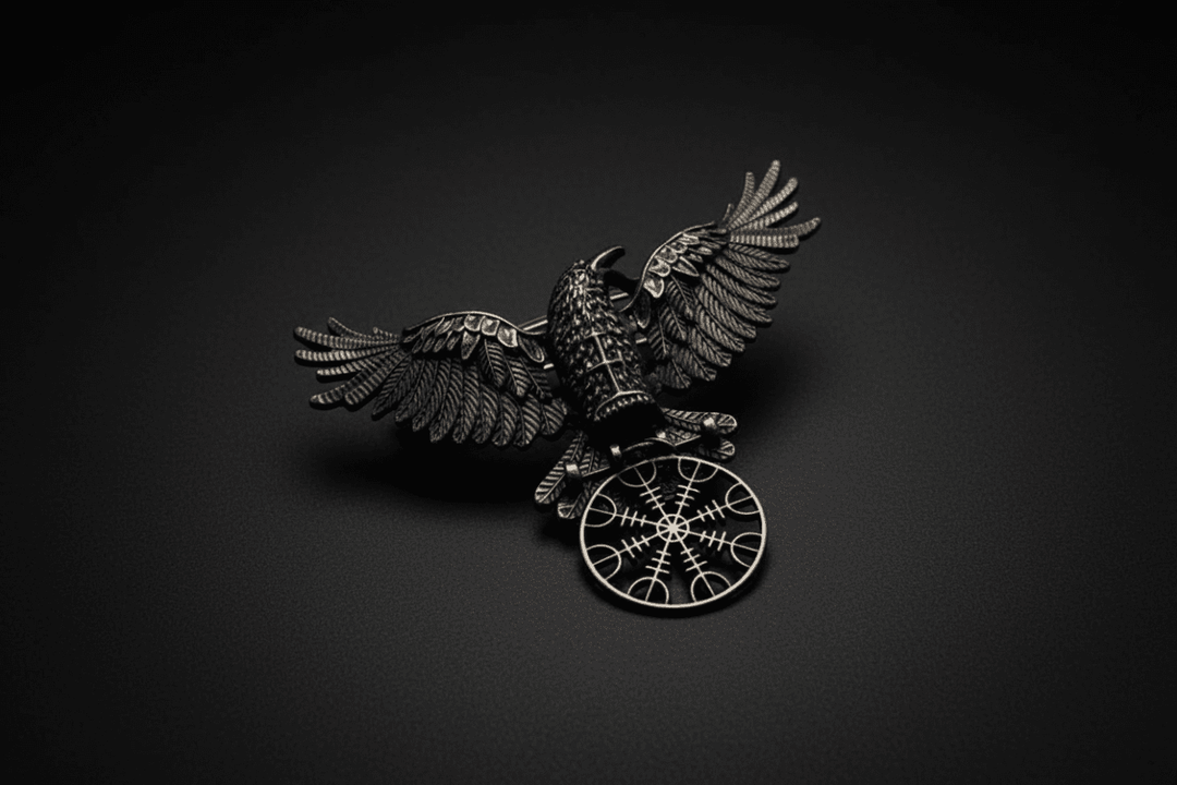 Black raven hair clip with Helm of Awe symbol detail