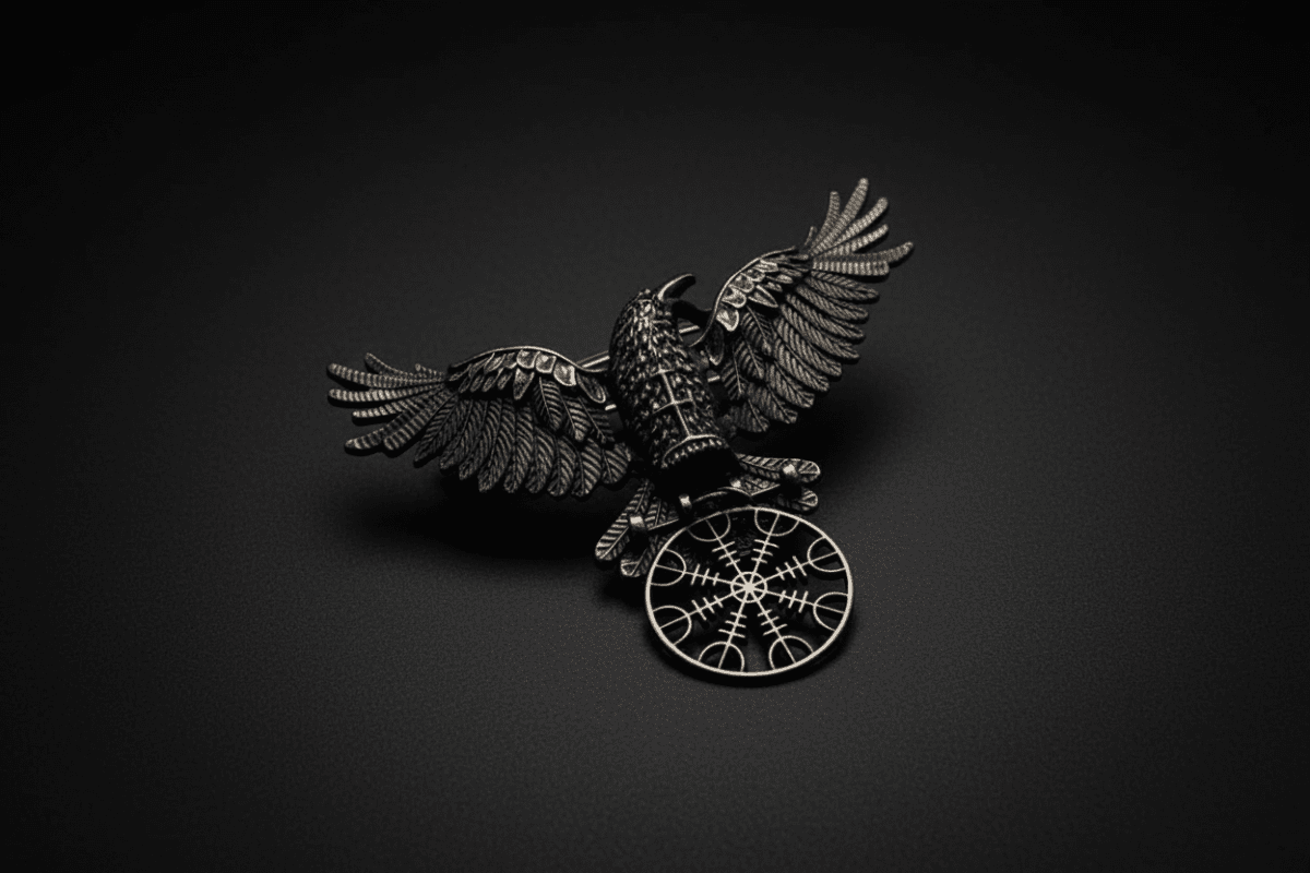 Black raven hair clip with Helm of Awe symbol detail