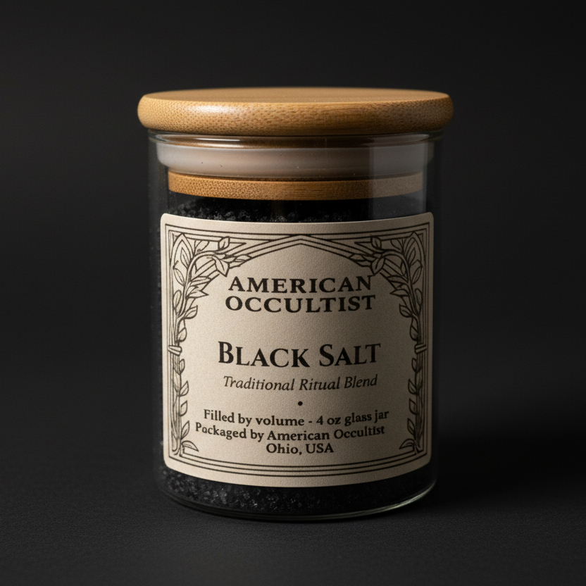 Black granular ritual salt blend in a labeled glass ritual jar