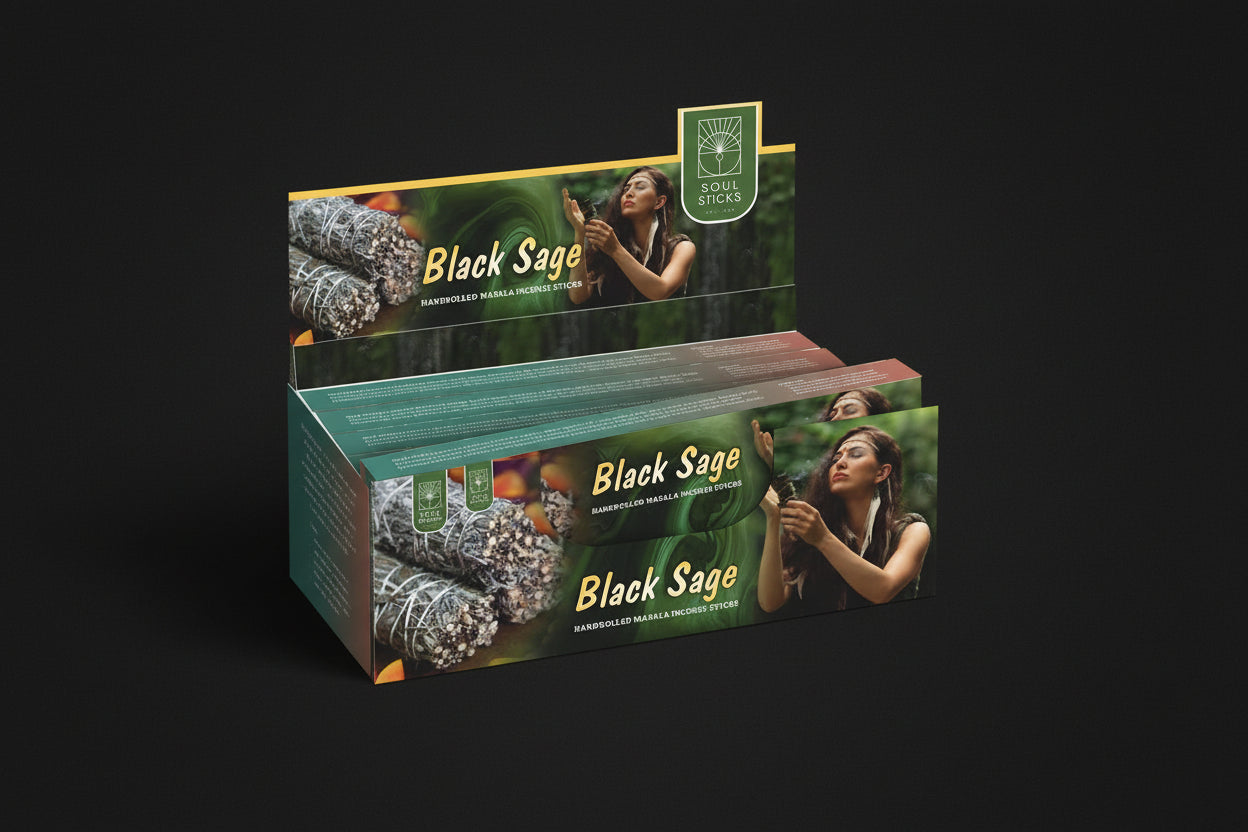 Black Sage hand-rolled masala incense packaging