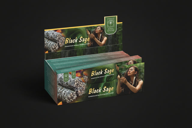 Black Sage incense packaging with images of a woman holding sage and text on a white background