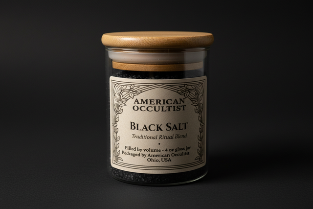 Jar with black salt in it on black cloth.
