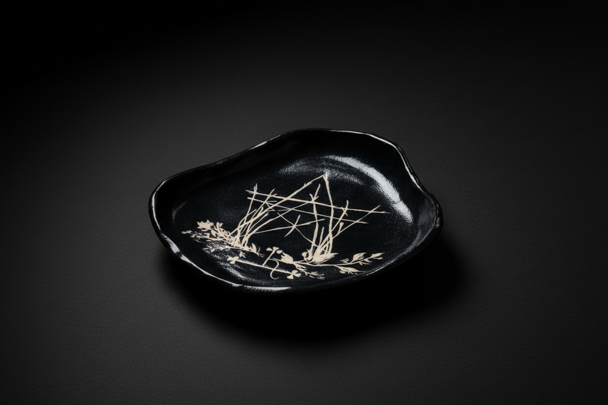 Black sgraffito ceramic offering plate with geometric design