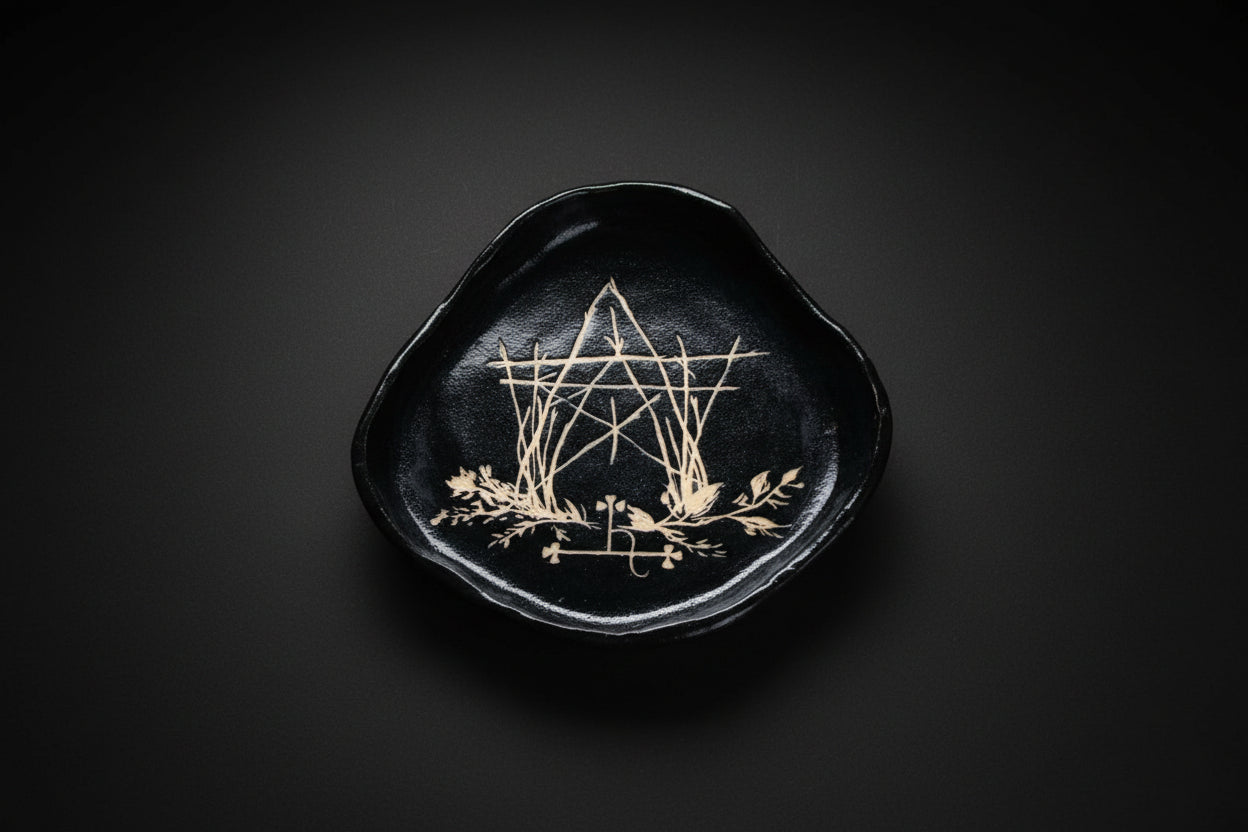 Black embroidered dish with geometric design held by a hand, surrounded by greenery and flowers.
