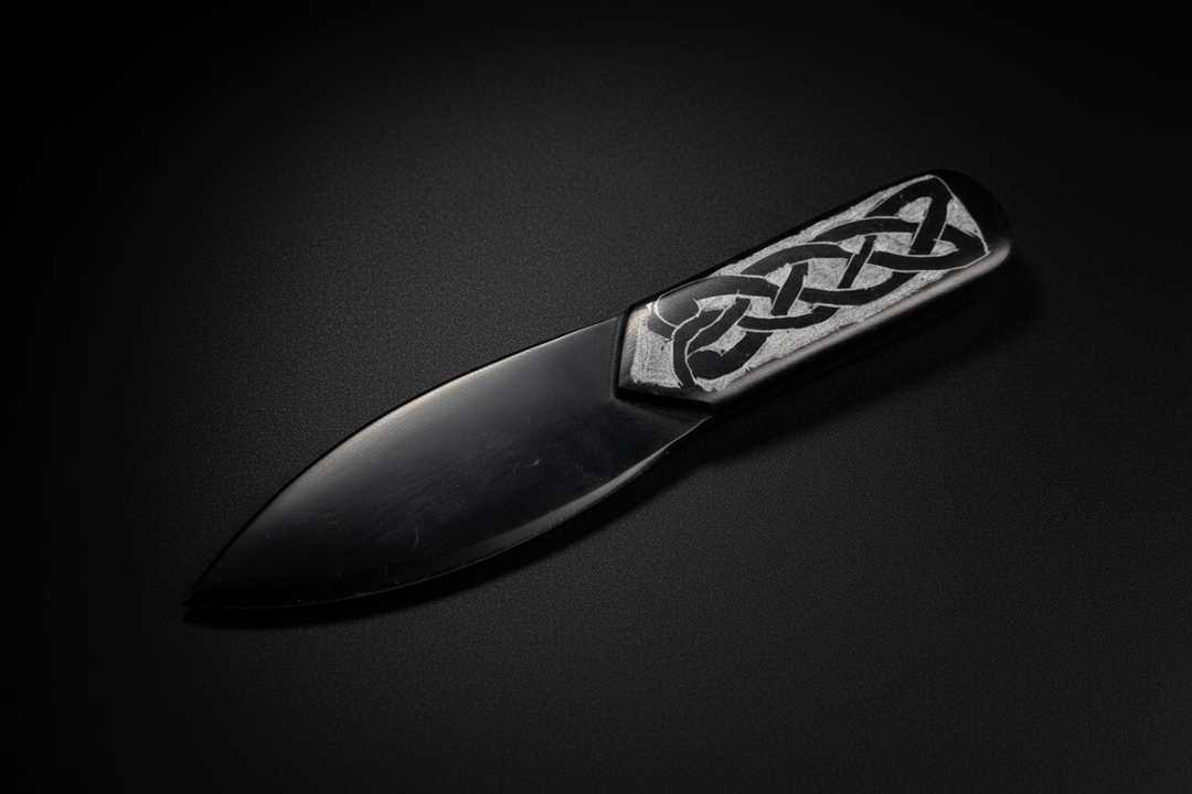 Carved black soapstone athame with Celtic-style engraving