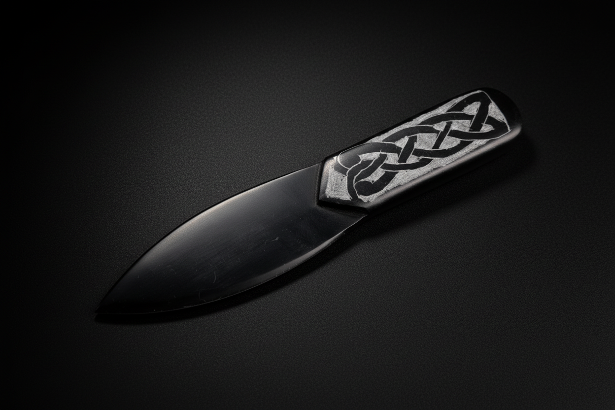 Carved black soapstone athame with Celtic-style engraving