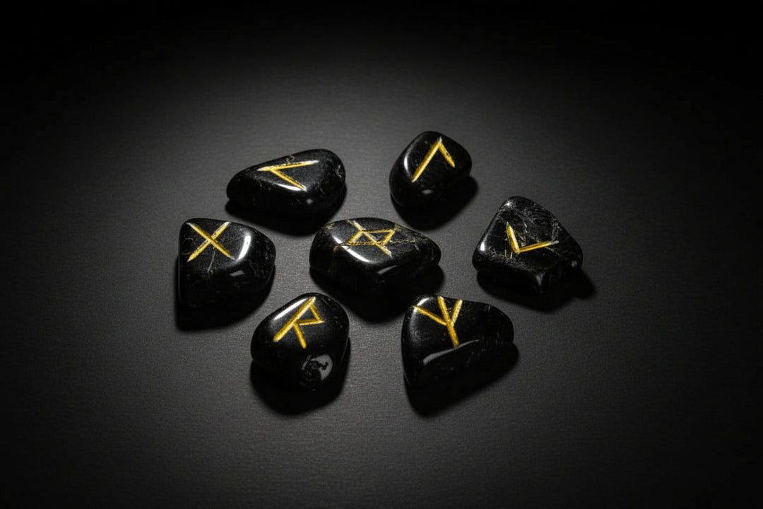 Black tourmaline rune stones engraved with gold symbols