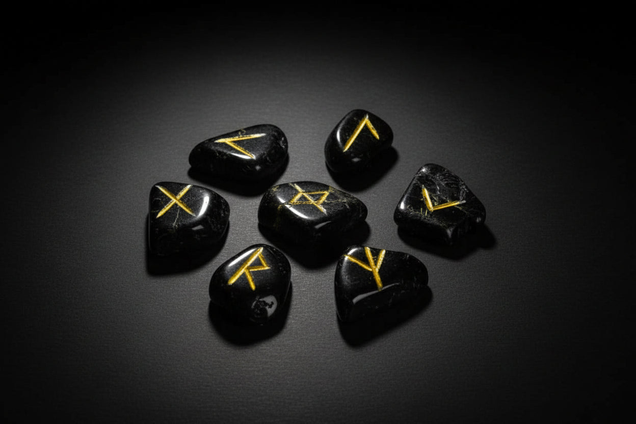 Black tourmaline rune stones engraved with gold symbols