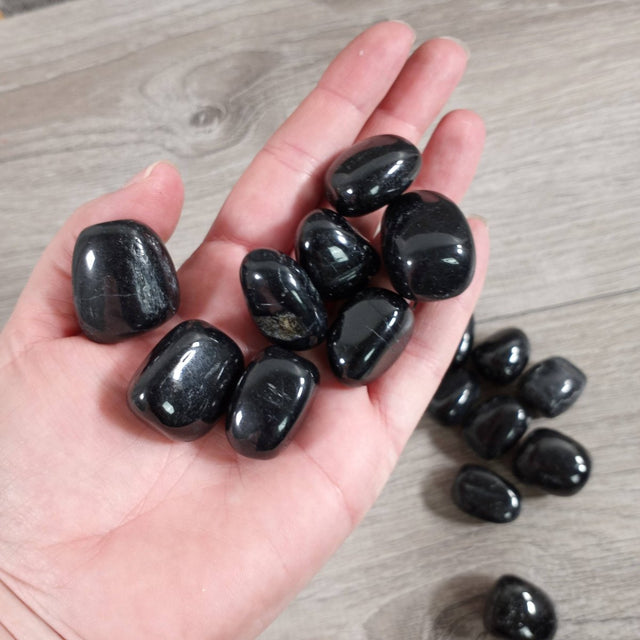 Hand holding shiny black stones on a wooden surface