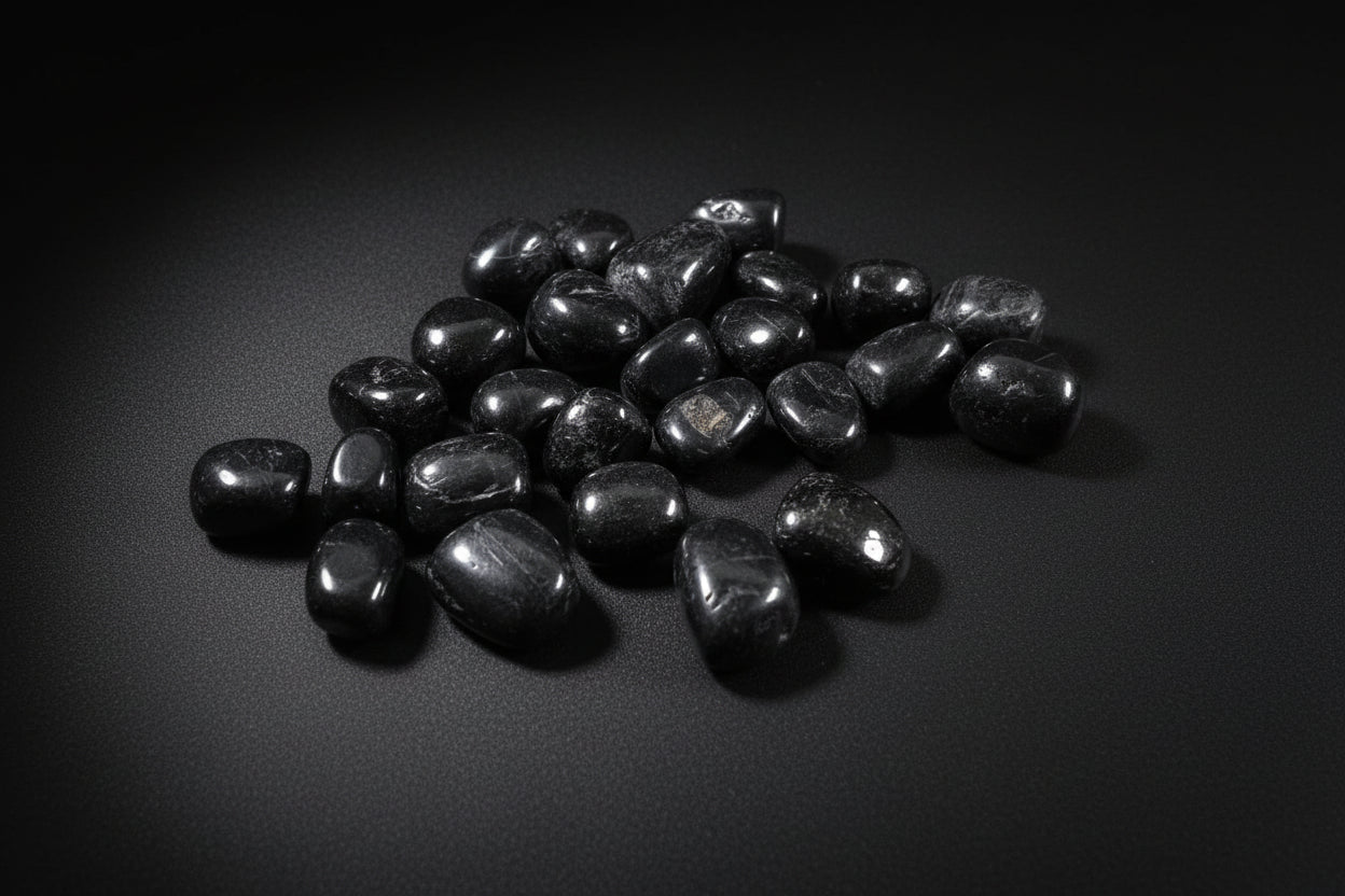 Representative polished black stones sold as Black Tourmaline; grain, shape, polish, and size vary
