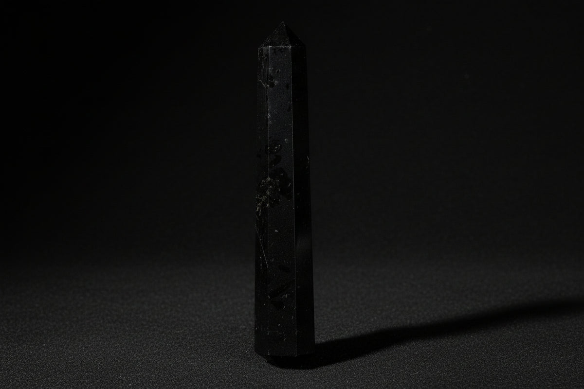 Double-terminated black tourmaline wand held in hand