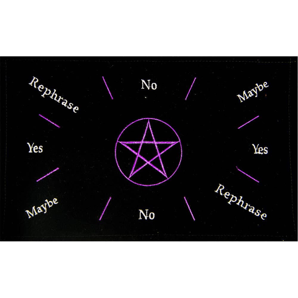 Black board with a purple pentagram and decision-making text on a white background