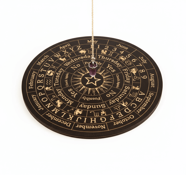 Decorative circular object with astrological symbols and text on a white background