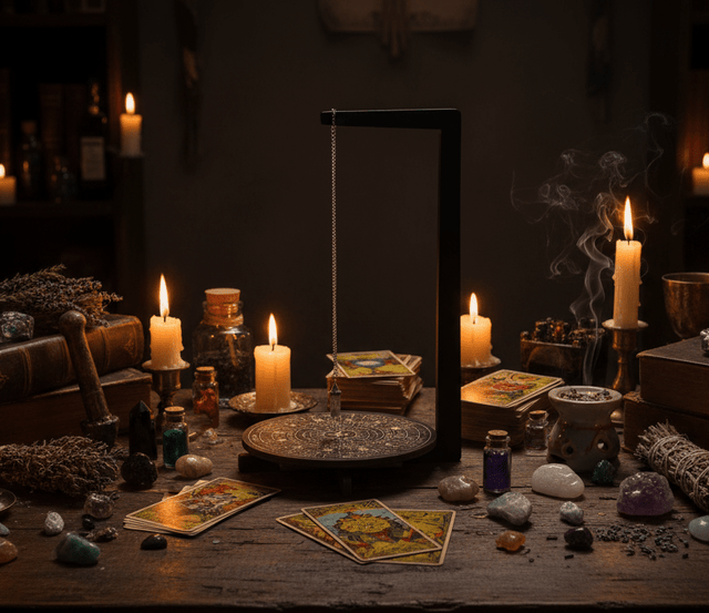 Witchcraft setup with candles, tarot cards, and crystals on a wooden table.