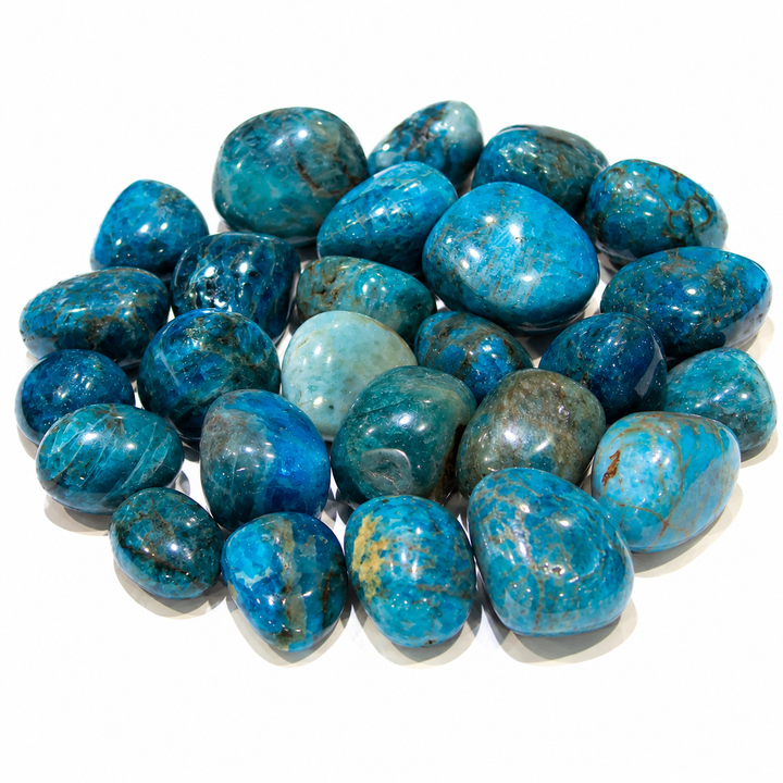 Assortment of polished blue apatite tumbled stones with teal, gray, and tan matrix on white