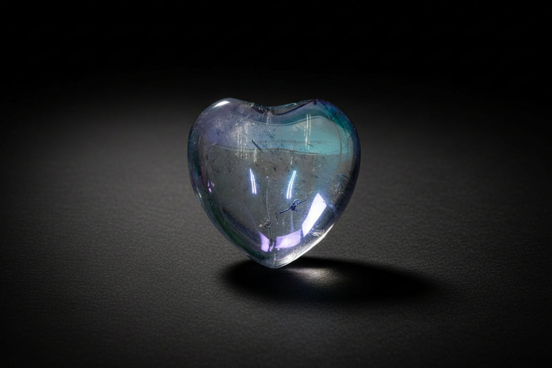 Polished heart-shaped stone sold as blue aura quartz with an iridescent coating