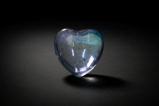 Polished heart-shaped stone sold as blue aura quartz with an iridescent coating