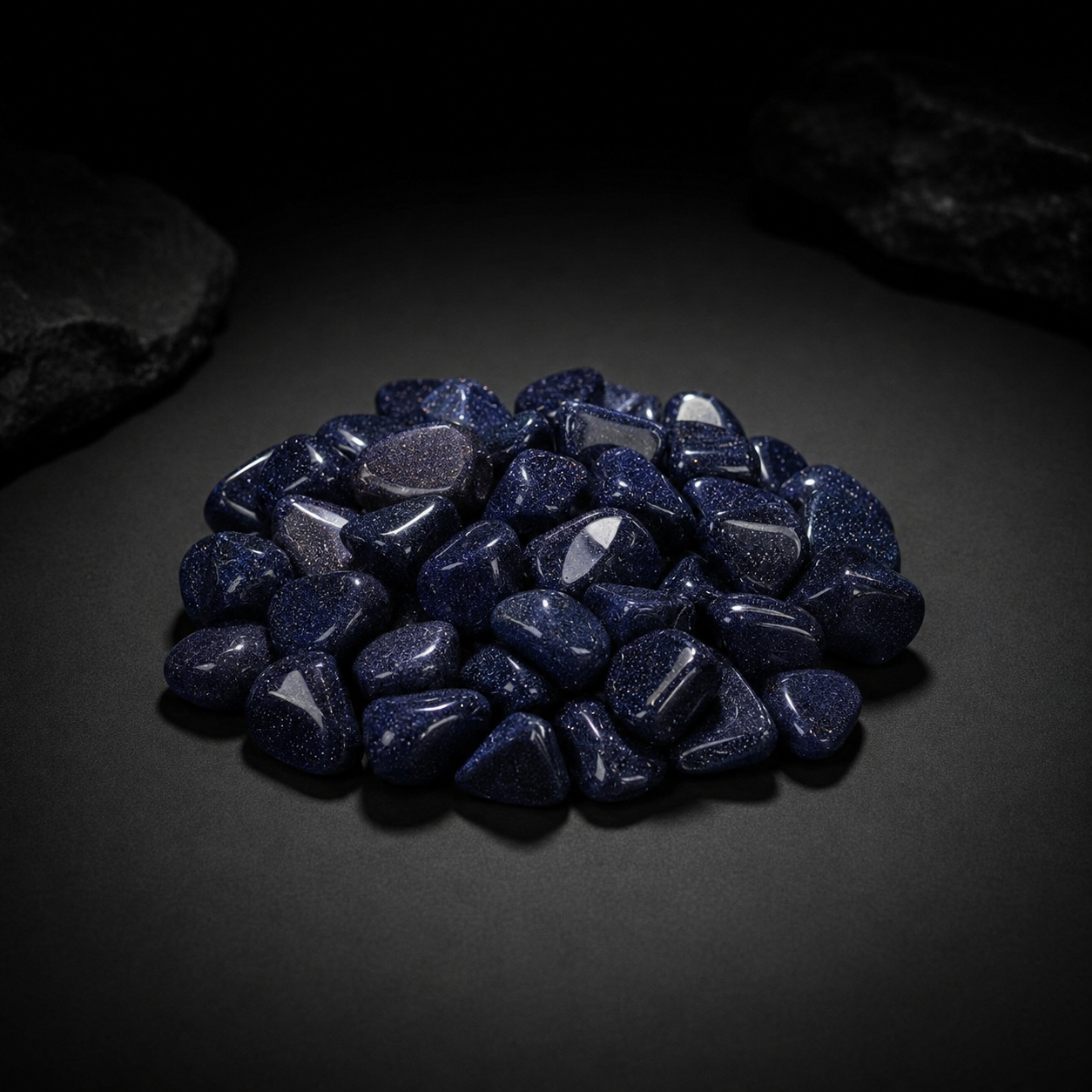 Pile of polished deep blue Goldstone tumbled glass with fine metallic sparkle on a dark surface