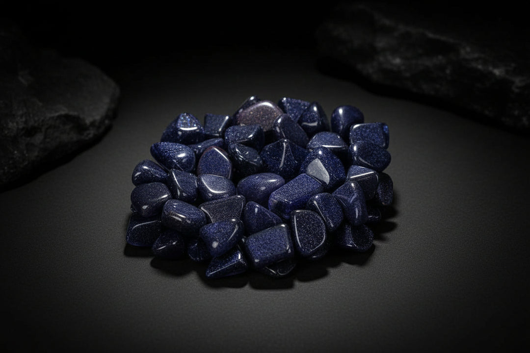 Polished deep-blue Blue Goldstone glass pieces with metallic sparkle