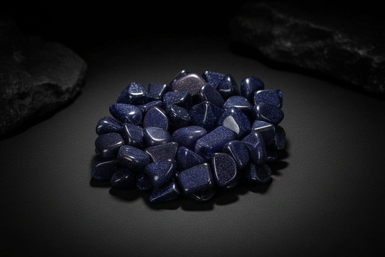 Representative polished deep-blue Blue Goldstone glass pieces; sparkle, shape, polish, and size vary
