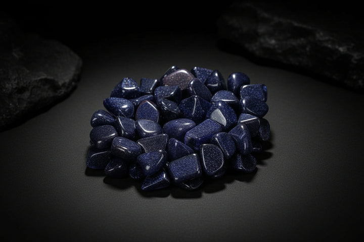 Polished deep-blue Blue Goldstone glass pieces with metallic sparkle